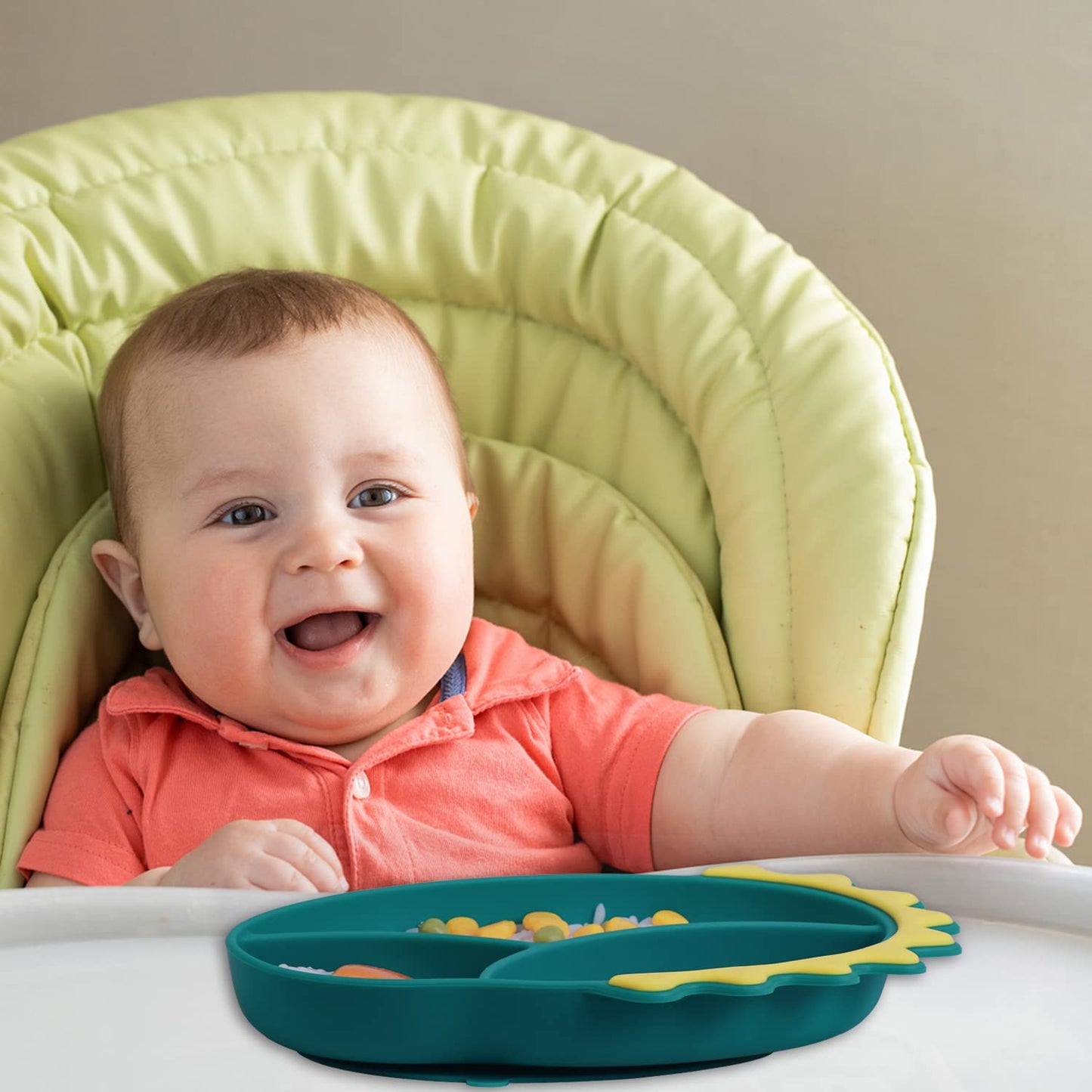 Silicone Suction Plates for Baby Toddler with Spoon Fork set Divided Dinosaurs Plates Self Feeding Training Baby Dinner Plate-Green Dinosaurs Plate Set