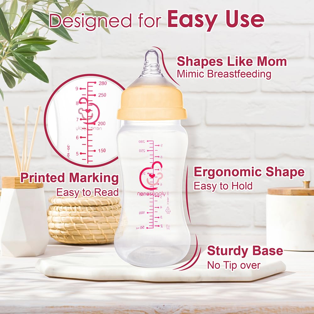 Nenesupply Natural Baby Bottles Newborn Feeding Bottles Slow Flow Breastfeeding Bottle for Breastfed Babies Wide Neck 9oz Anti Colic Level 2 Nipple for 1+ Month Infant Replace Spectra Bottle Pumping