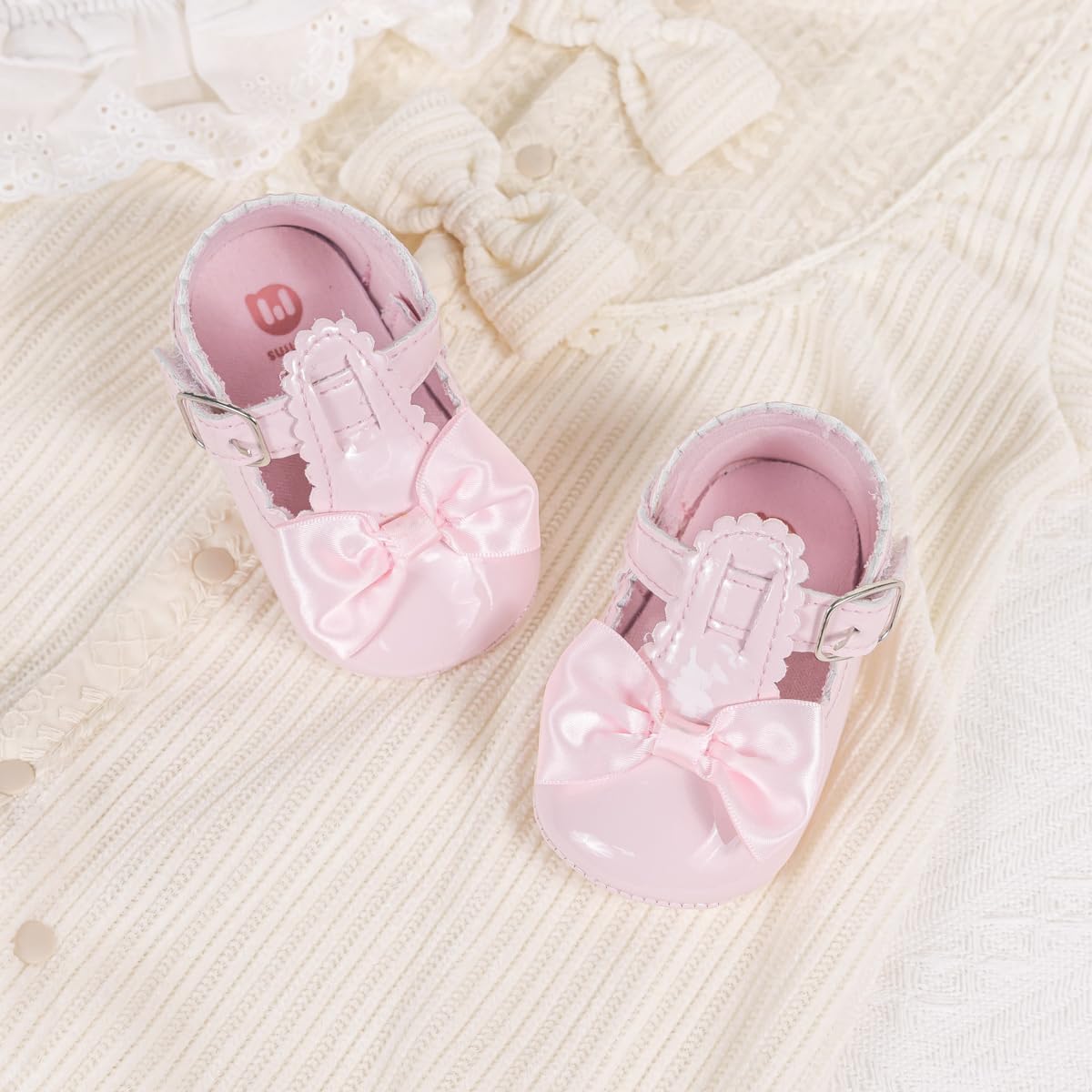 Meckior Newborn Baby Girls Dress Shoes Infant Bowknot Soft Sole Mary Jane Moccasins Baptism Christening Crib Shoes Wedding Princess Flats