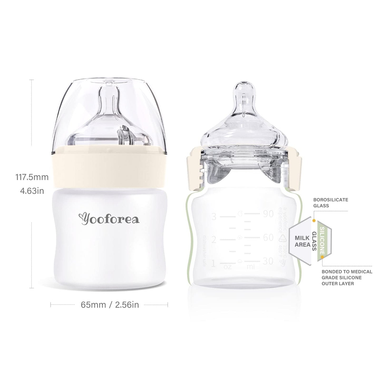 Yooforea Silicone Coated Glass Baby Bottle, 0M+ Slow Flow Nipple I Anti-Colic, Wide Neck, Stable Base I Medical-Grade Silicone Coating for Shatter Protection, BPA BPS PVC Free (3 Ounce-Honey)