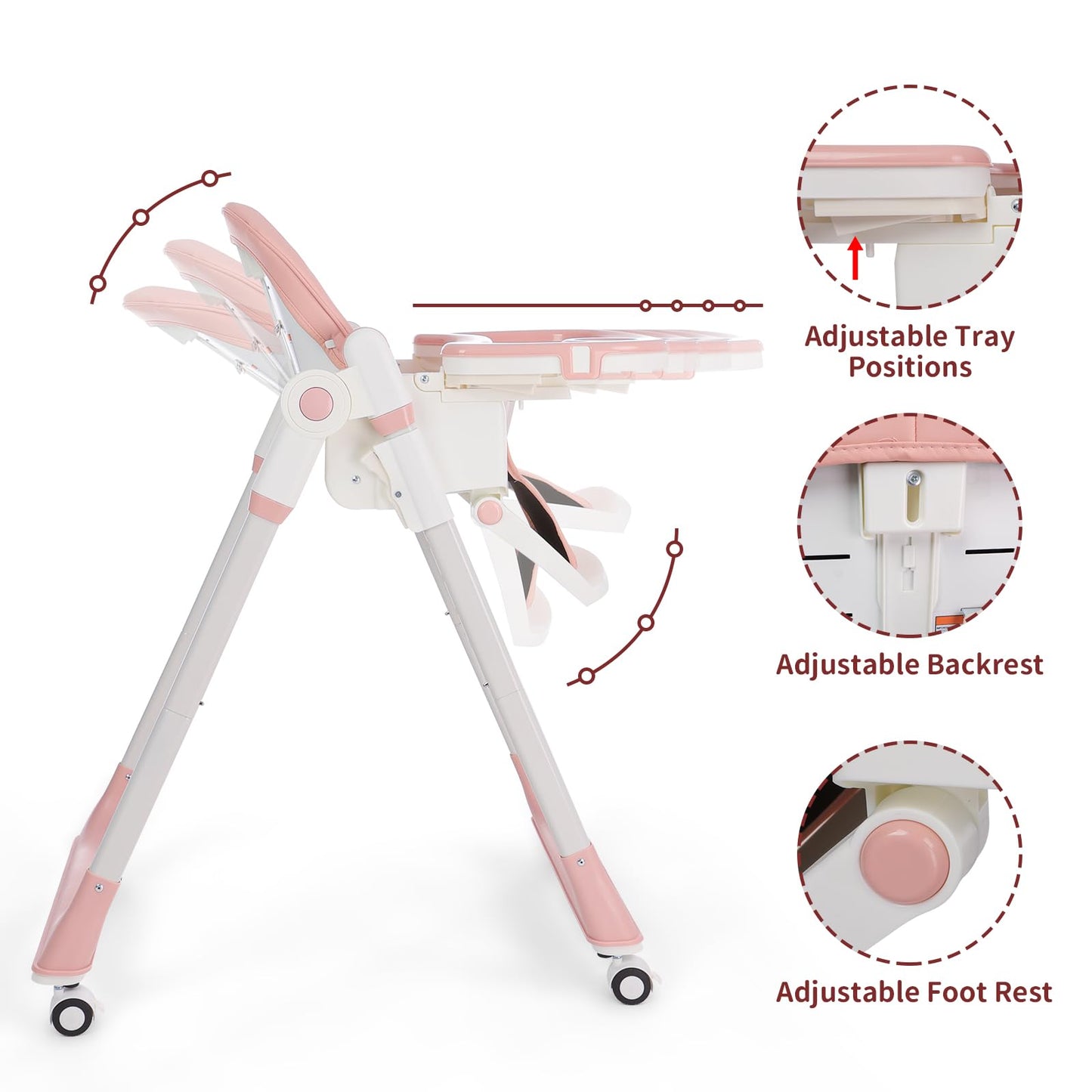 3-in-1 Foldable High Chair for Babies & Toddlers – Adjustable Height, Reclining Seat, 5-Point Safety Harness, Removable Tray, Lockable Wheels and Washable Cushion, Beige