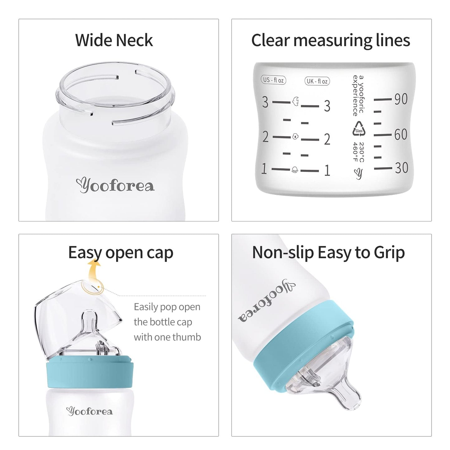 Yooforea Silicone Coated Glass Baby Bottle, 0M+ Slow Flow Nipple I Anti-Colic, Wide Neck, Stable Base I Medical-Grade Silicone Coating for Shatter Protection, BPA BPS PVC Free (3 Ounce-Honey)