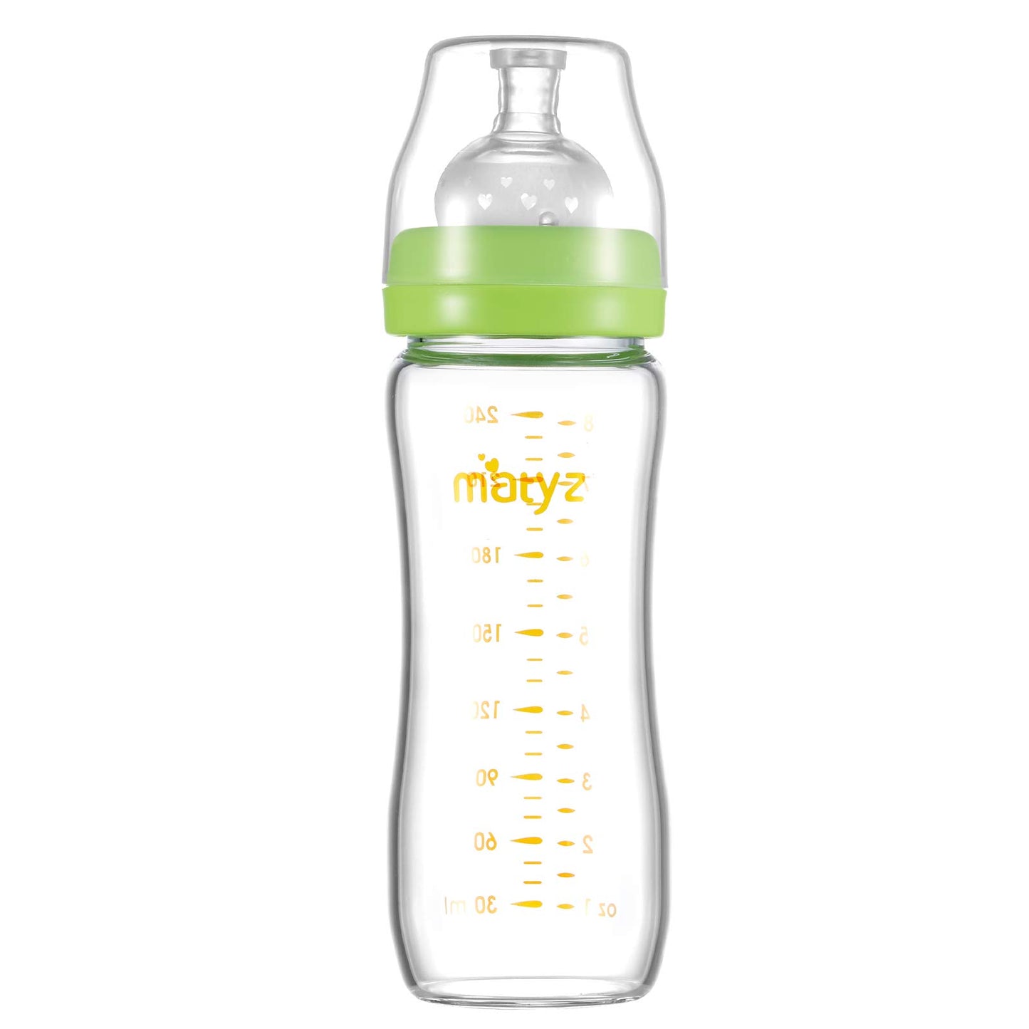 Matyz 8 Ounce Glass Baby Feeding Bottle With Nipple - Light and Slim, Easy to Hold and Clean - Food Grade Borosilicate Glass, Wide Neck for Breastmilk Feeding, No BPA (Pink Lids)