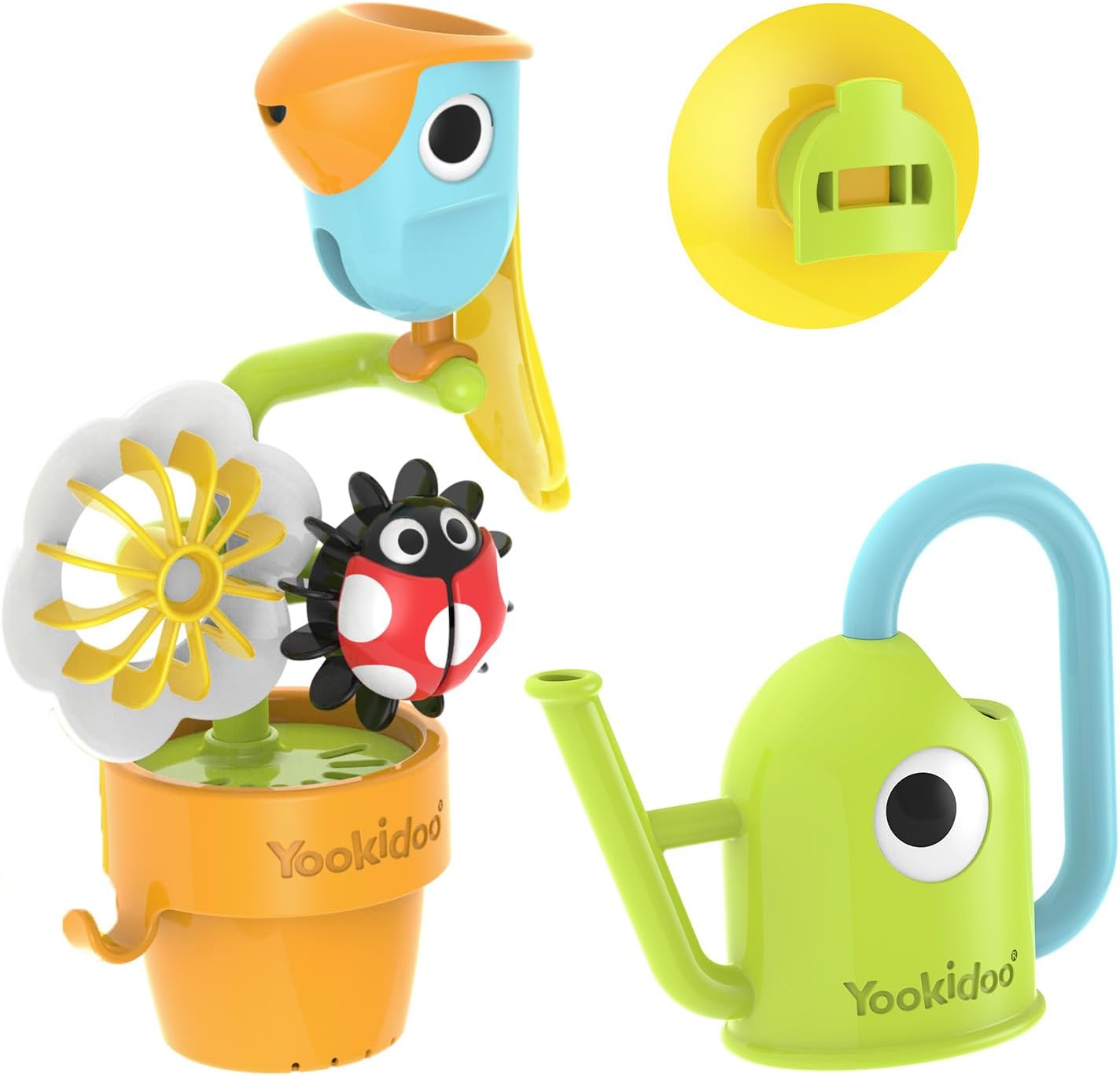 Yookidoo Watering Can Baby Bath Toy (Ages 1-3) Spinning Lady Bug & Tipping Bird Toy with 3 Moving Pieces (Mold Free) - Attaches to Tub Wall for Easy Toy Holder and Storage - for Toddler Bath Time