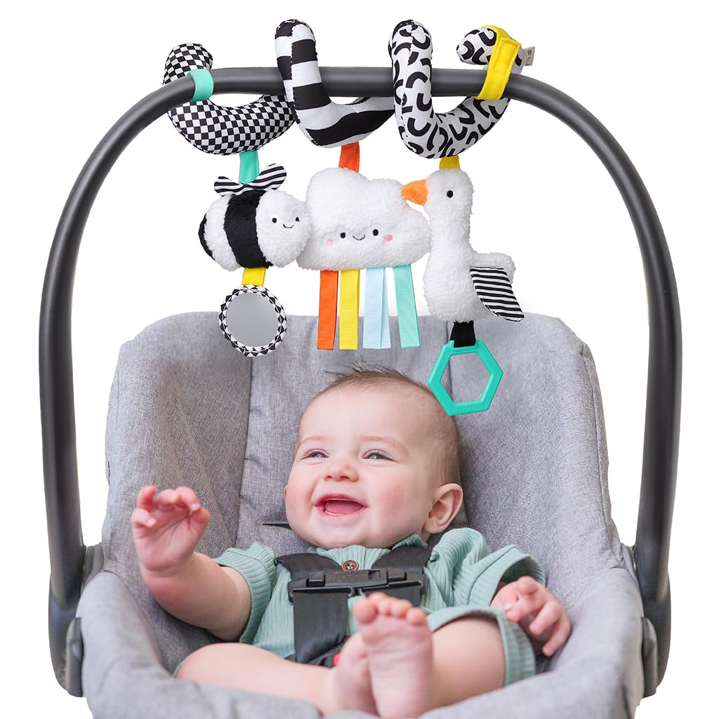 Itzy Ritzy Spiral Car Seat & Stroller Activity Toy - Stroller & Car Seat Toys for Ages 0 Months and Up - Hanging Toys Include Dangling Ring, Mirror and Textured Ribbons (Pastel Rainbow)