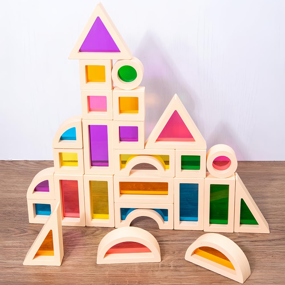 Rainbow Sensory Toys Blocks,15 Large Pcs Wooden Building Blocks for Toddlers Baby Kids,Colorful Geometric Stacking Toys, Preschool Educational Toy Set.