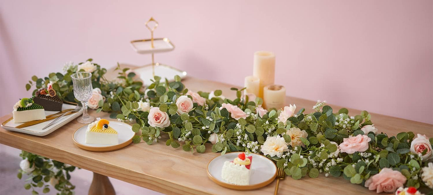 Anna's Whimsy 5.91FT Artificial Eucalyptus Garland with Flowers, Fake Flower Rose Gypsophila, Faux Floral Greenery Garland for Wedding Spring Home Party Craft Art Table Runner Decor