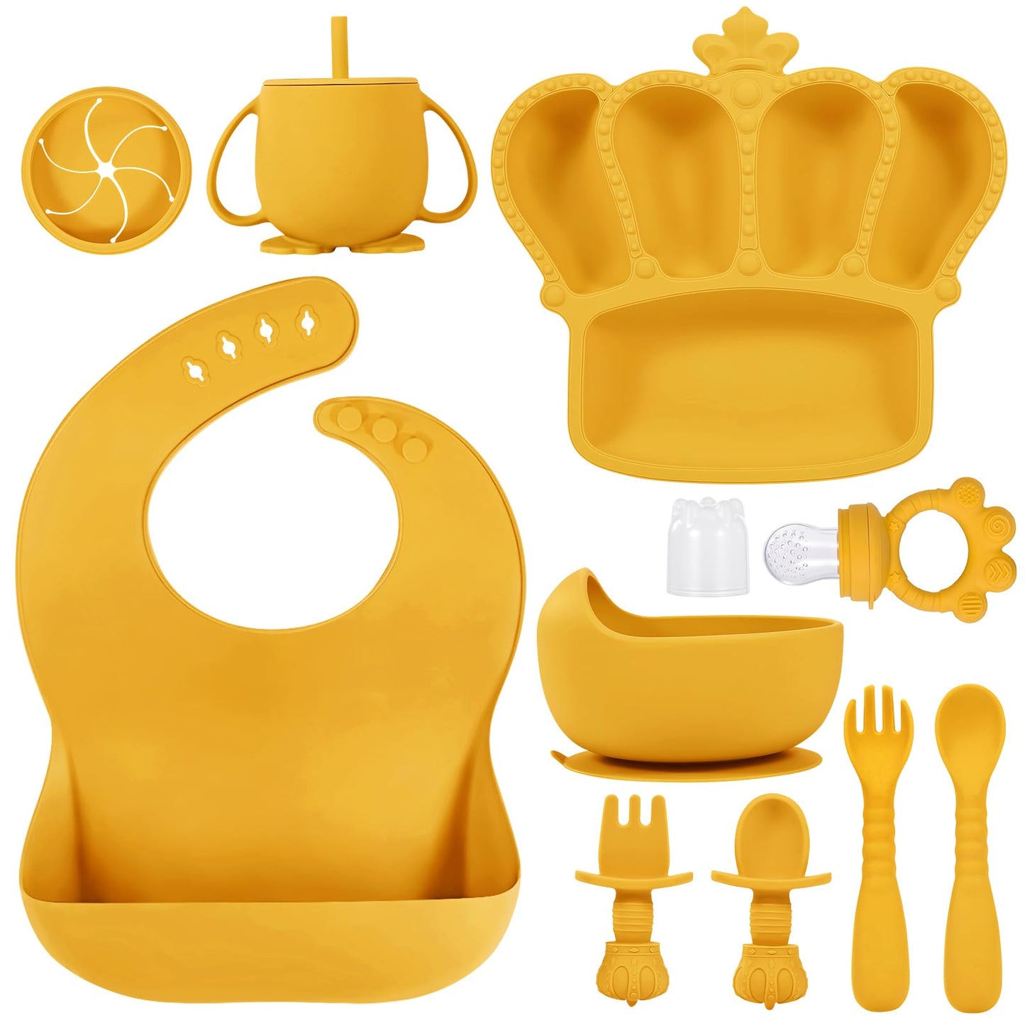 Silicone Baby Feeding Set 10 Pcs Baby Led Weaning Supplies Suction Bowl Divided Plate Baby Bibs Fruit Feeder Baby Spoons Forks Sippy Cup Toddler Utensil Sets Baby Essentials for Newborn Gift