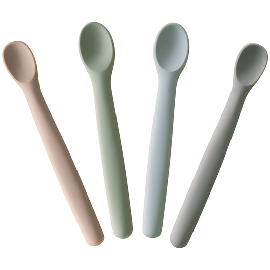 Moonkie Silicone Baby Spoons Set of 4, Two Sizes Feeding Spoon for First Stage 4+ Months, Baby Utensils with Case, Toddler Led Weaning Spoons, Bendable, Chewproof & Boil-proof