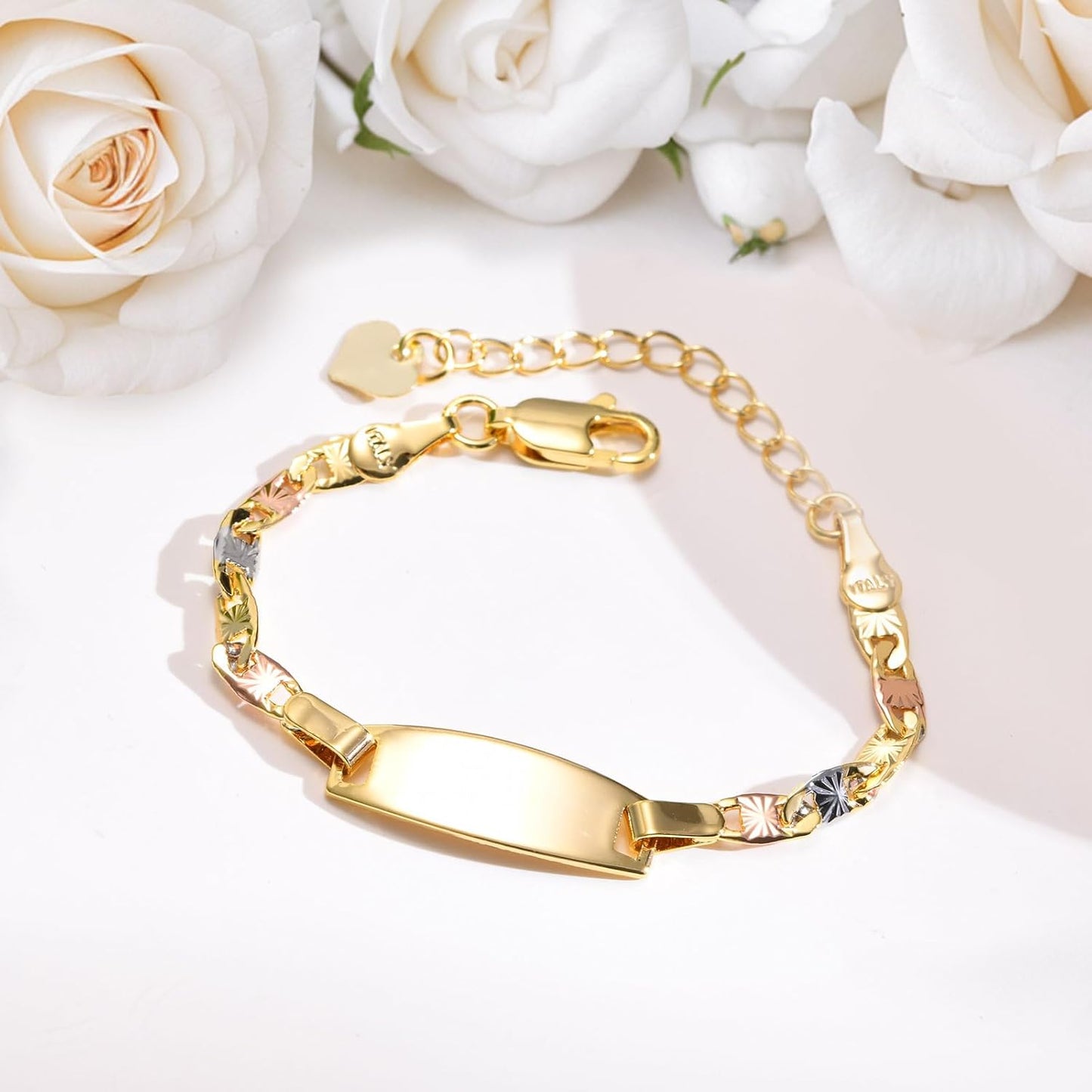 Personalized Child ID Bracelet-18K Gold Plated Tri-Color Chain Custom Name ID Plate Bar Bracelet for Children Toddler from Mom,Engraved Kid Name Customized Birthday,Back To School Gift for Daughter
