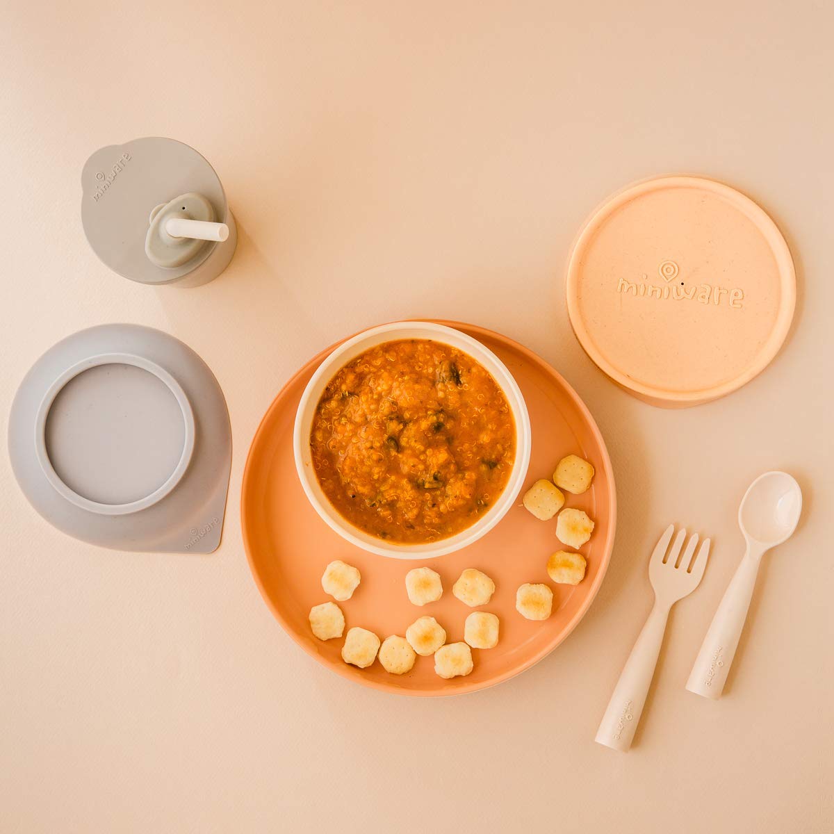 Miniware Little Foodie Set with Cereal Bowl, Sandwich Plate, My First Cutlery Set, 1-2-3 Sip Cup, and Detachable Suction Foot for Baby Toddler Kids (Little Camper)
