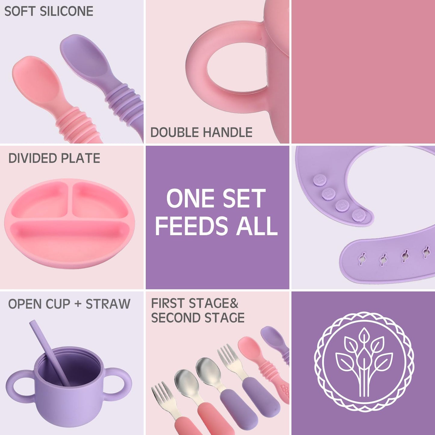 16 Pcs Baby Led Weaning Supplies Silicone Baby Feeding Set Plates with Suction Utensils with Divided Adjustable Bib Bowl Cutlery Snack Cup Spoons Straw 6 Months+(Purple, Pink)