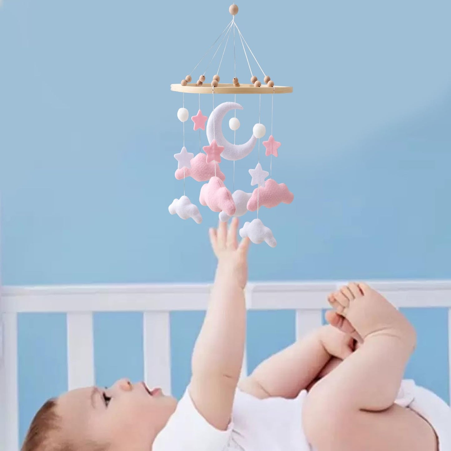 Gray Pink White Cloud Moon Themed Nursery Mobile,Crib Mobile for Baby Boys Girls,Handmade Baby Mobile,Adjustable Cotton Felt Soft Ceiling Mobile,Baby Shower Gifts for New Moms (Pink)