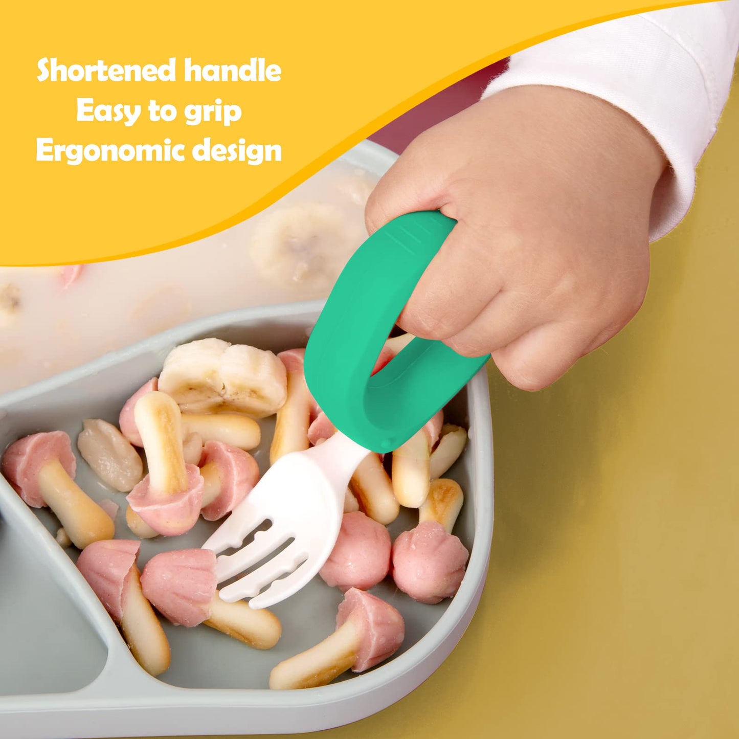 Baby Self Feeding Training Spoon and Fork Set with Travel Case, BPA-Free Cute Circle Toddler Training Utensils, Silicone/ABS Great Tableware Set Spoons Fork for Kids(Yellow)