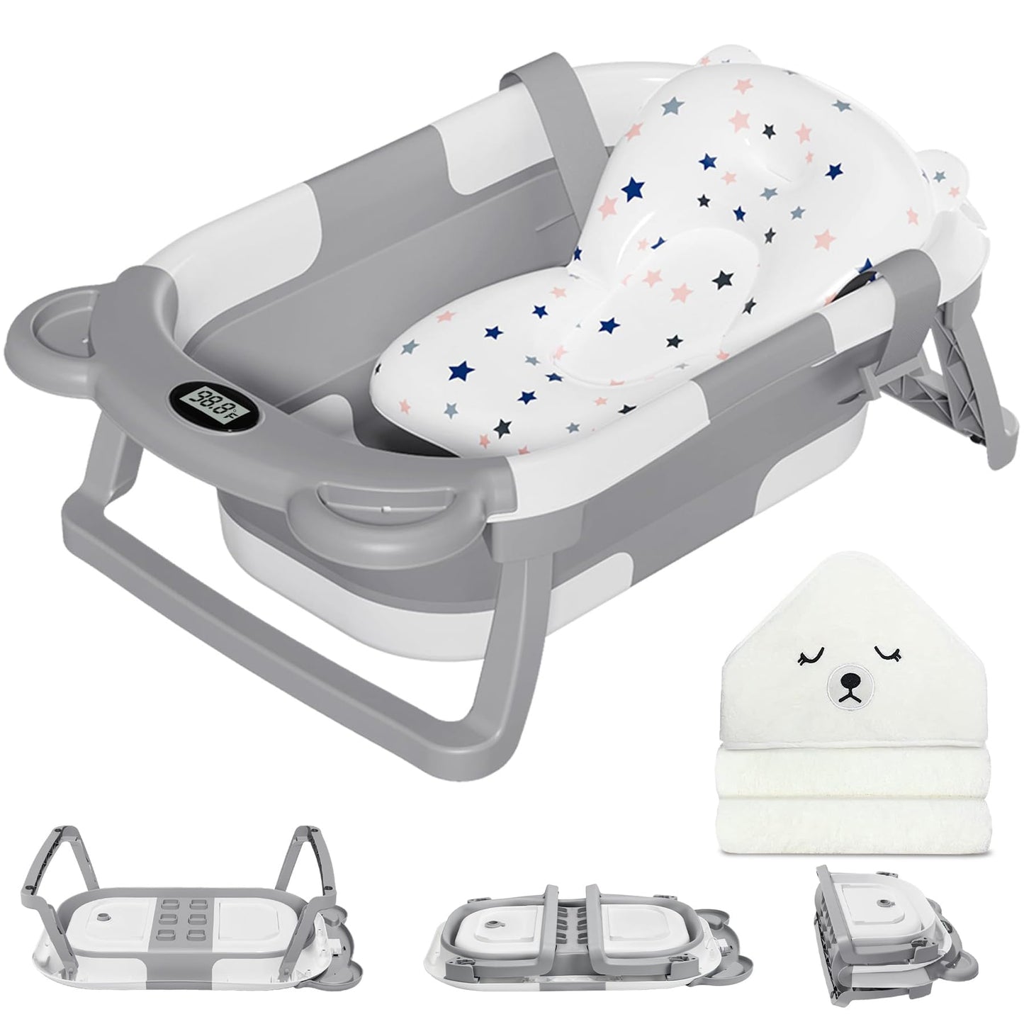 MoreFeel Collapsible Baby Bathtub for Newborn with Thermometer & 1 Hooded Towel & 1 Soft Floating Cushion,Portable Travel Bathtub with Drain Hole, Durable Foldable Baby Tubs for Infants to Toddler