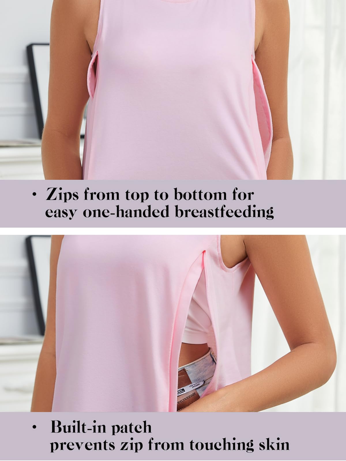 Ecavus Women's 3-Pack Nursing Tank Tops Hidden Zippers Sleeveless Breastfeeding Shirts Loose Fit Maternity Tops