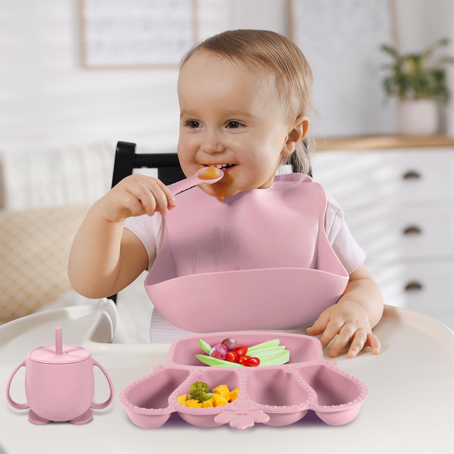Silicone Baby Feeding Set 10 Pcs Baby Led Weaning Supplies Suction Bowl Divided Plate Baby Bibs Fruit Feeder Baby Spoons Forks Sippy Cup Toddler Utensil Sets Baby Essentials for Newborn Gift