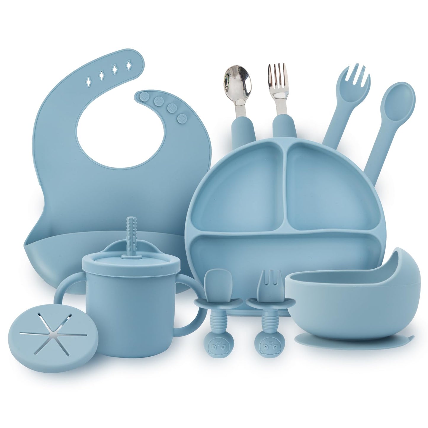 Baby Feeding Set, 13PCS Silicone Baby Self Feeding Set, Toddler Led Weaning Utensils Set with Suction Bowl and Plate, 3 Set of Baby Spoon and Fork, Adjustable Bid, Sippy Cup with Straw and 2 Lids