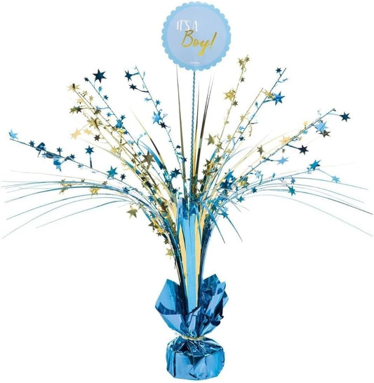 Dazzling Foil Spray Centerpiece, 18" (1 Count) - Elegant Table Decor, Perfect for Baby Shower Celebrations, "It's a Boy", Gold & Blue