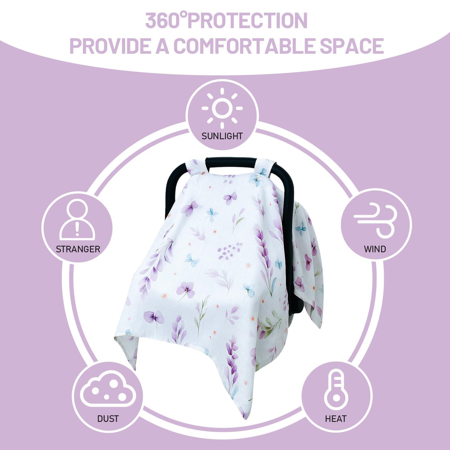 100% Muslin Summer Baby Car Seat Cover, Universal Fit Infant Car Seat Canopy, Breathable & Lightweight Sun, Weather Protection for Boys & Girls