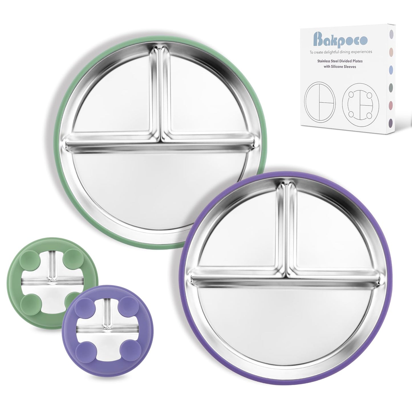 Stainless Steel Baby Plate with Suction, 9” Divided Toddler Plates with Removable Silicone Sleeves for Kids, Non-Toxic Non-Slip Unbreakable Dishwasher Safe Dinnerware Set of 2, Pink & Beige