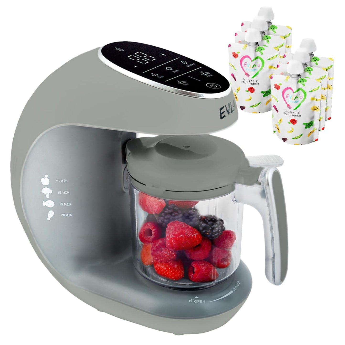 EVLA'S Baby Food Maker, Steamer, Blender, Baby Food Processor for Healthy Homemade Baby Food in Minutes, Touch Screen with 6 Reusable Food Pouches, Baby Registry Essential, White