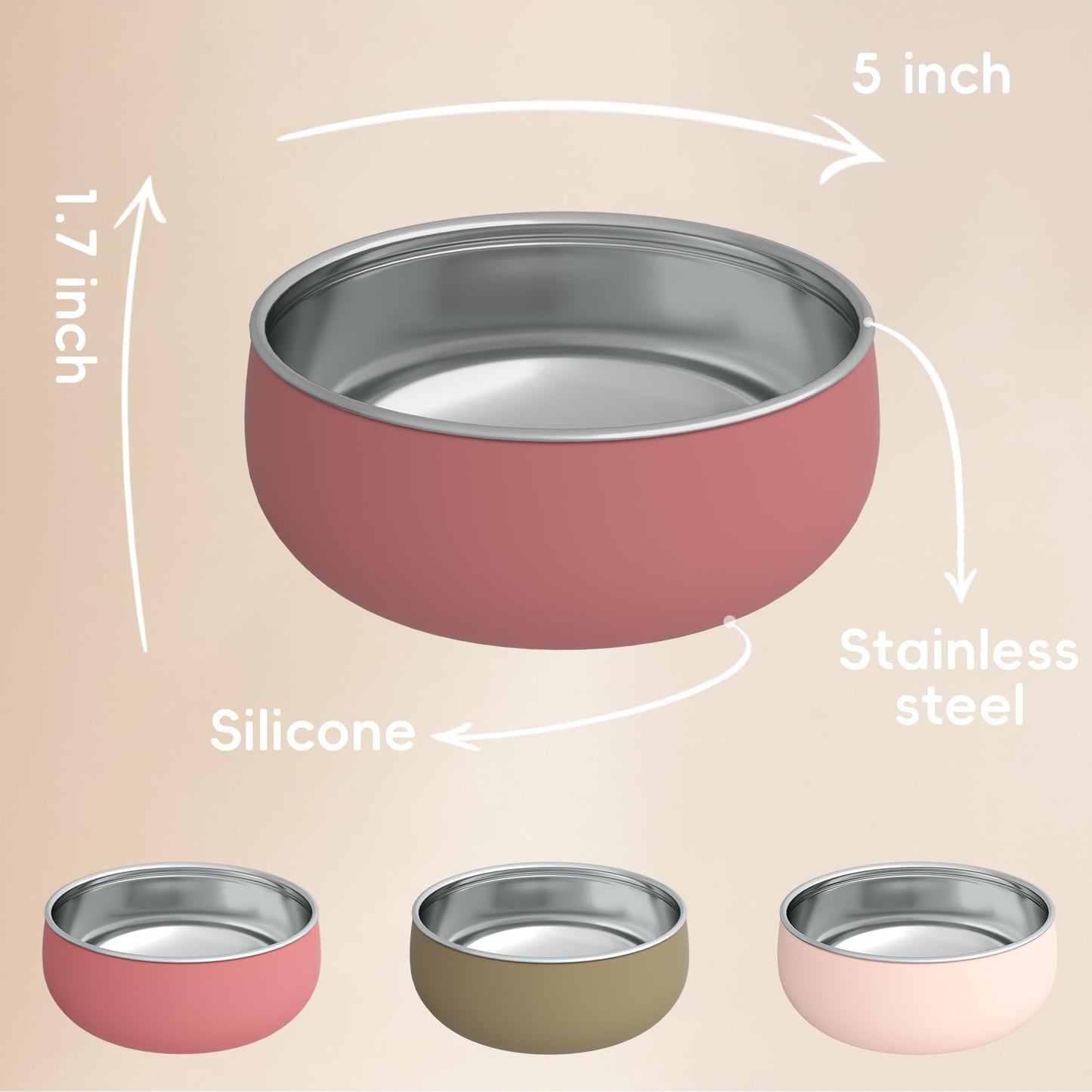 Bella's Friends Stainless Steel Baby Bowls with Silicone Sleeve 3 Pack, 4.3” for Toddlers Kids Feeding, Non-Slip, Non-Toxic, Mess-Free, Dishwasher Safe, Fit High Chair Size, Rose green Khaki