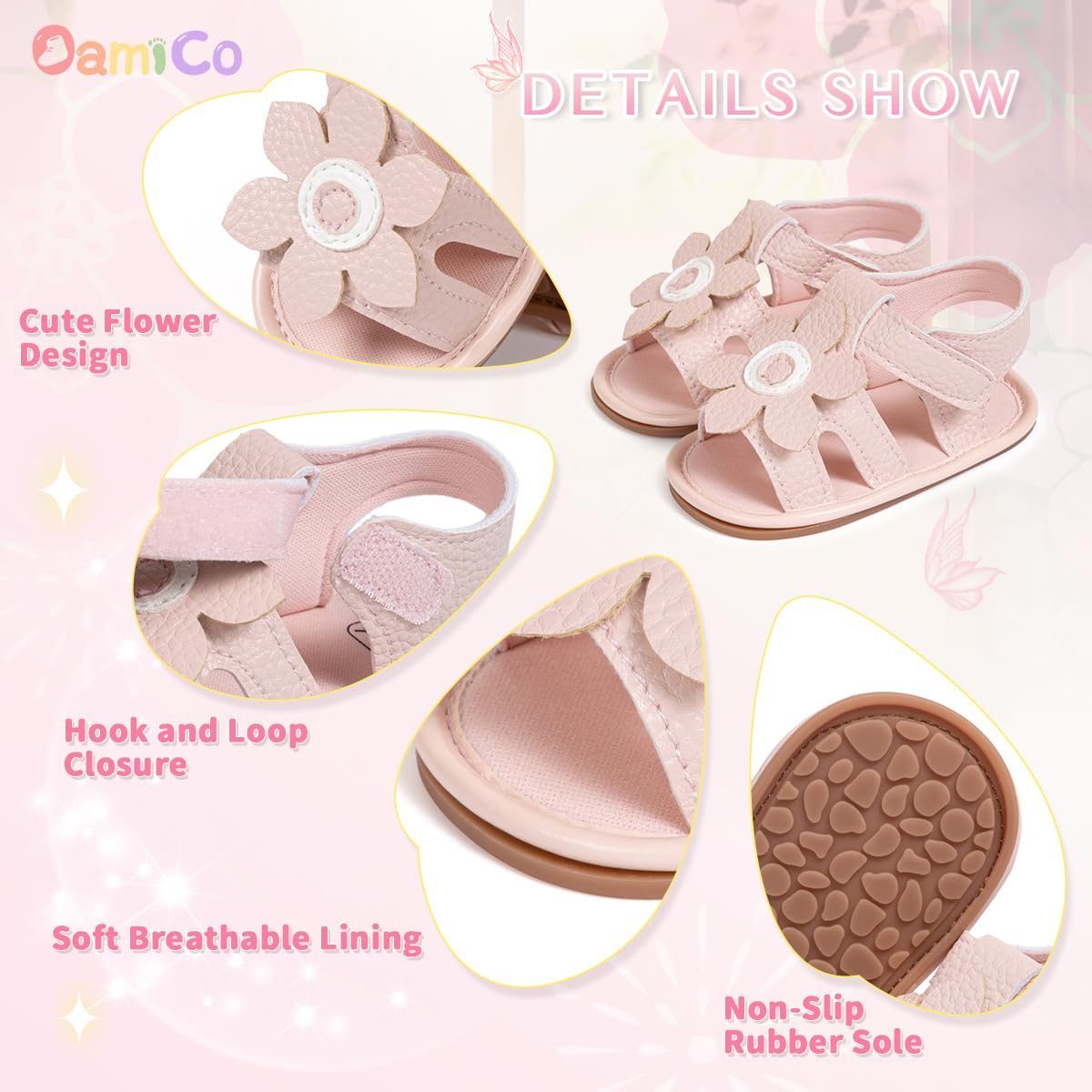 Oamico Baby Girl Sandals Infant Soft Anti-Slip Rubber Sole Casual Beach Sandals Newborn Bowknot Outdoor First Walker Summer Shoes for Baby Girls Flat Sandal