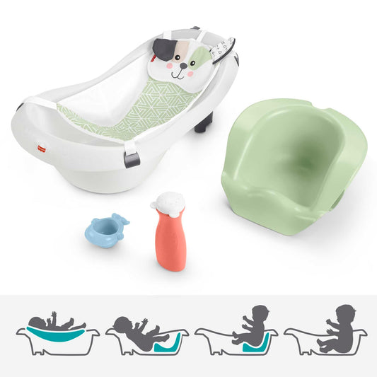 Fisher-Price Baby to Toddler Bath 4-in-1 Sling ‘n Seat Tub with Removable Infant Support and 2 Toys, Climbing Leaves
