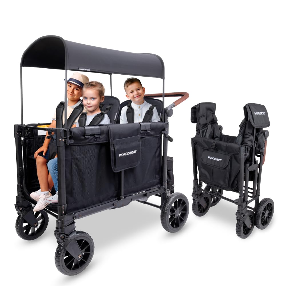 WONDERFOLD W4 Luxe Quad Stroller Wagon Featuring 4 High Face-to-Face Seats with Magnetic Buckle 5-Point Harnesses and Adjustable/Removable UV-Protection Canopy, Hunter Green
