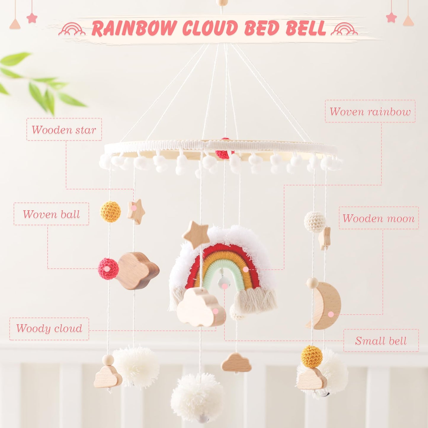 Baby Crib Mobile for Boys Girls| Boho Nursery Mobile| Gender Neutral Hand-Crocheted Mobile| Ceiling Mobile - Stars, Clouds, Moon
