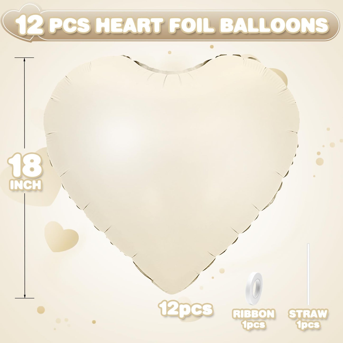 Sage Green Gold Heart Balloons,12Pcs Light Gold Heart Shaped Foil Balloons,18Inch Cream White Helium Mylar Balloon for Baby Shower Birthday Anniversary Wedding Party Decorations