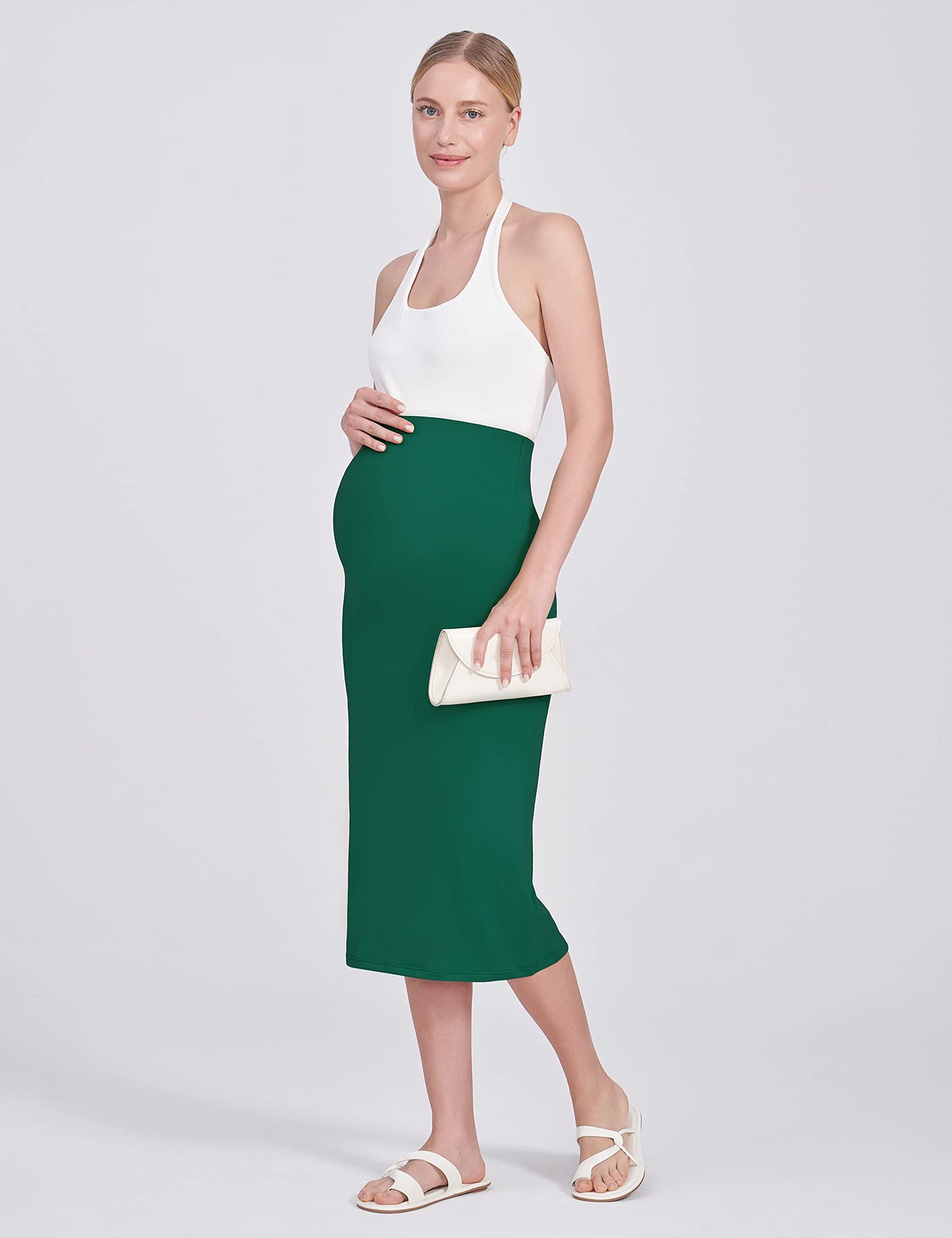 POSHDIVAH Women's Maternity Skirt Over The Belly Midi High Waisted Solid Stretchy Pregnancy Pencil Skirt