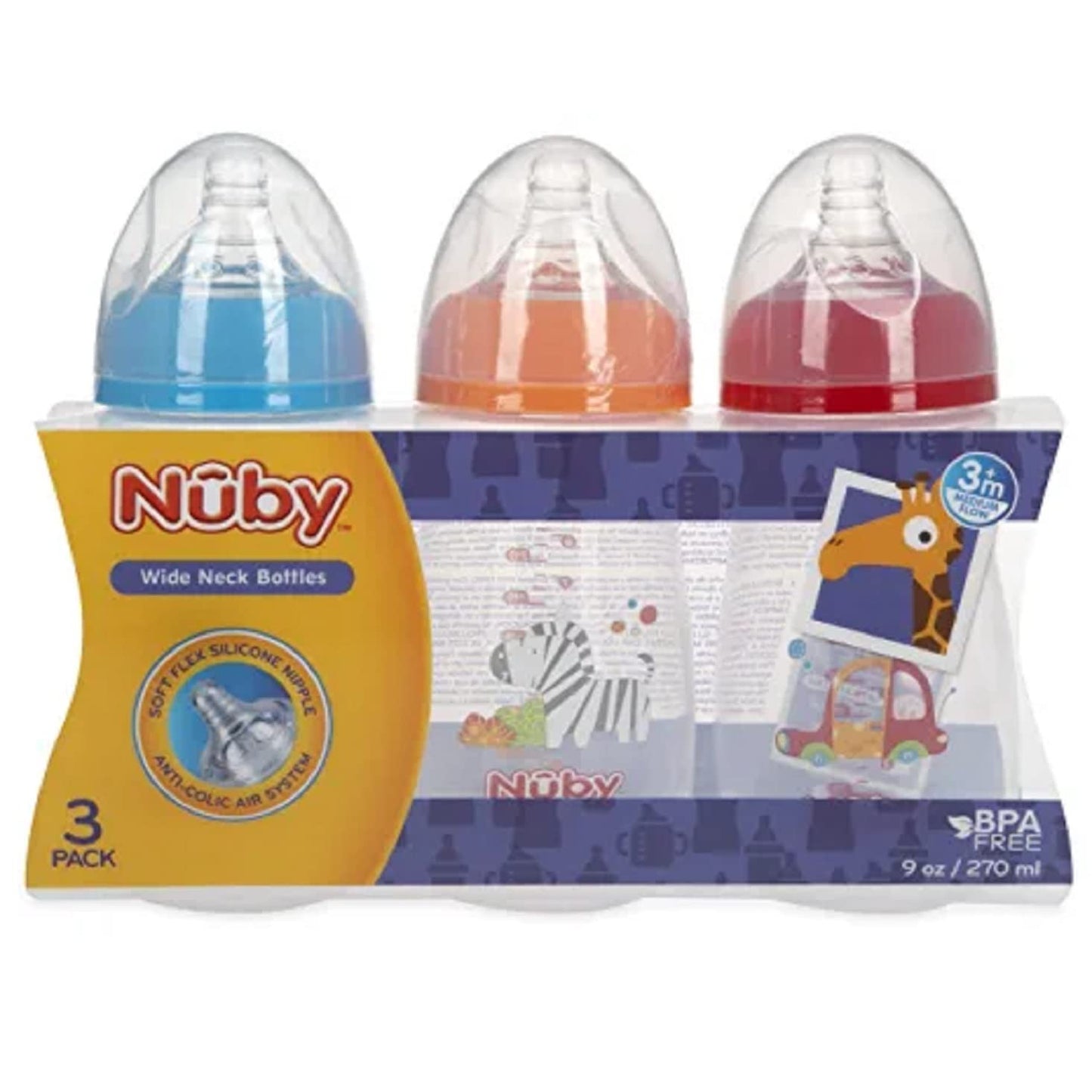 Nuby Tritan Wide Neck Non-Drip Bottles with Anti-Colic Air System: 9oz./ 270 Ml, 3 Pack, 0M+, Purple/Pink/Orange