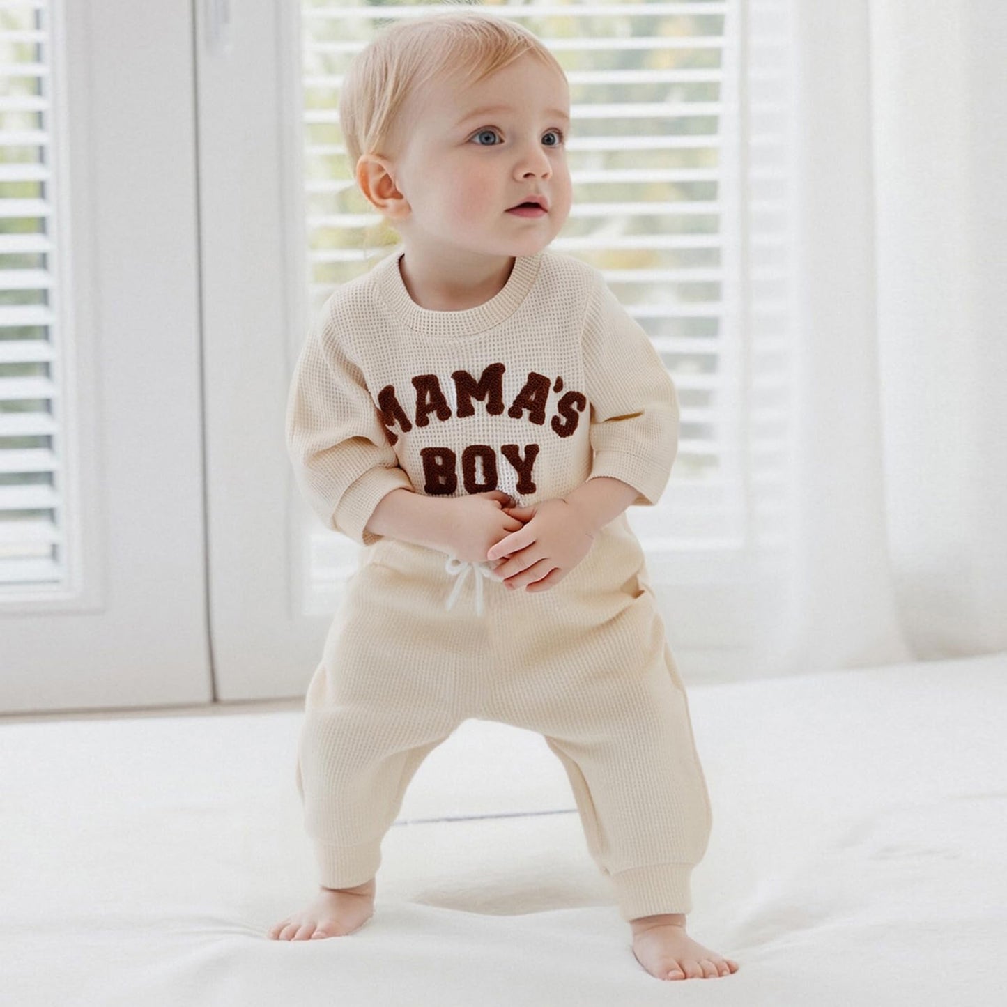 Douhoow Baby Boy Clothes Letters Embroidered Baby Sweatshirt Romper Waffle Pants Set Infant Boy Fall Winter Outfits