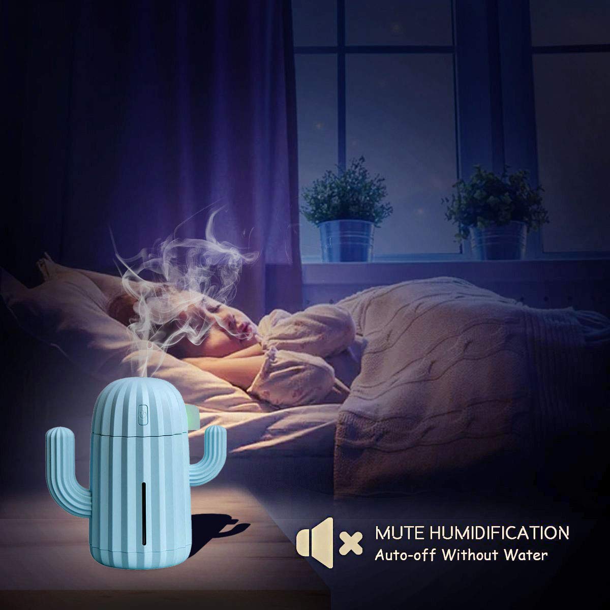 Mini Humidifier Single Room Humidifiers with Night Light Portable Cactus Air humidifier for for Yoga, Office, spa, Bedroom,Baby Room,Silica Gel Diffuser for tap Water only (Blue)