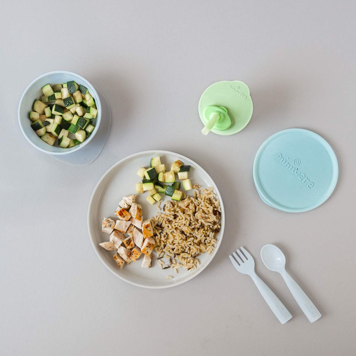 Miniware Little Foodie Set with Cereal Bowl, Sandwich Plate, My First Cutlery Set, 1-2-3 Sip Cup, and Detachable Suction Foot for Baby Toddler Kids (Little Camper)