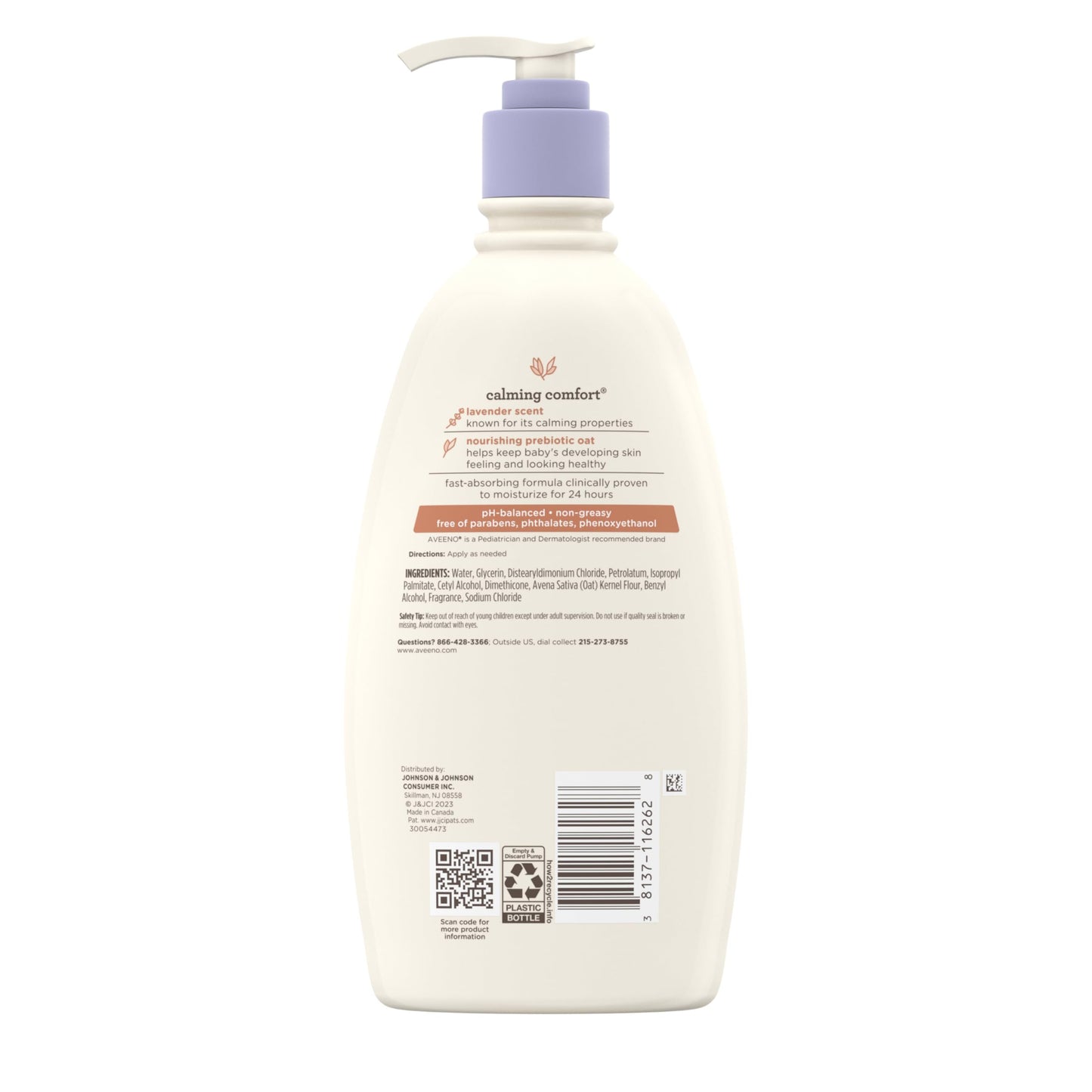 Aveeno Baby Calming Comfort Moisturizing Body Lotion with Relaxing Lavender & Vanilla Scents, Non-Greasy Baby Lotion, Nourishing Prebiotic Oatmeal, Paraben- & Phthalate-Free, 18 fl. oz
