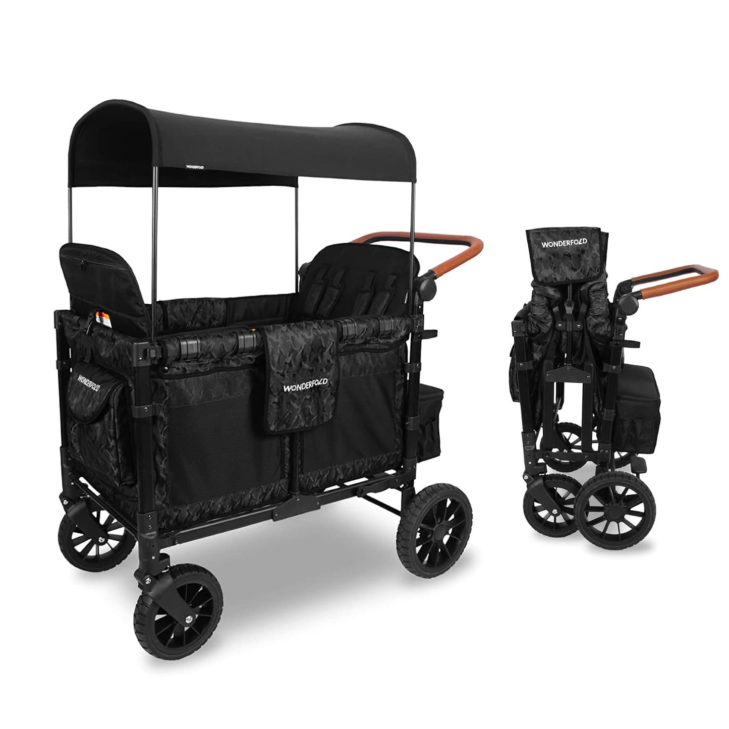 WONDERFOLD W4 Luxe Quad Stroller Wagon Featuring 4 High Face-to-Face Seats with Magnetic Buckle 5-Point Harnesses and Adjustable/Removable UV-Protection Canopy, Hunter Green