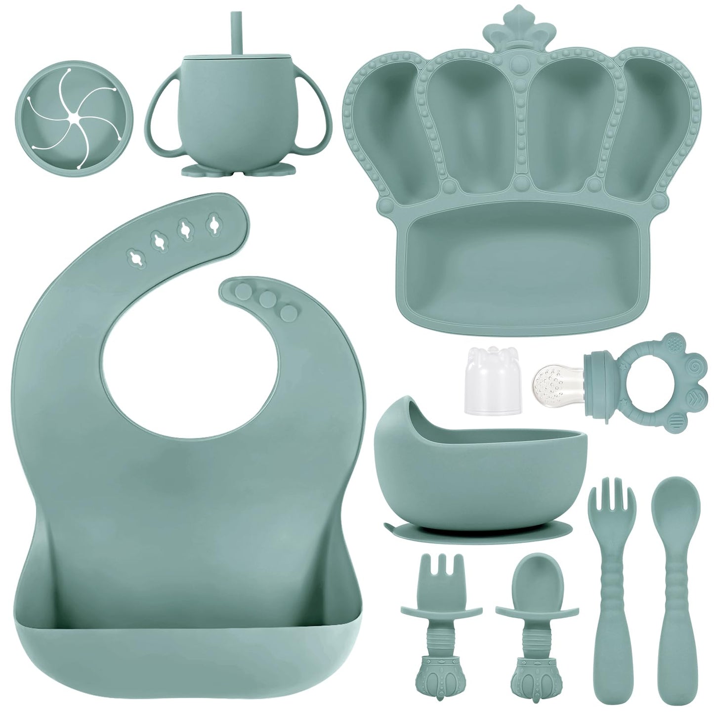 Silicone Baby Feeding Set 10 Pcs Baby Led Weaning Supplies Suction Bowl Divided Plate Baby Bibs Fruit Feeder Baby Spoons Forks Sippy Cup Toddler Utensil Sets Baby Essentials for Newborn Gift