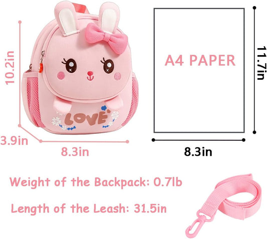 Toddler Backpack Cute Bunny Backpack with Leash and Chest Buckle Mini Kids 3D Cartoon Travel Bag for Girls 3-6
