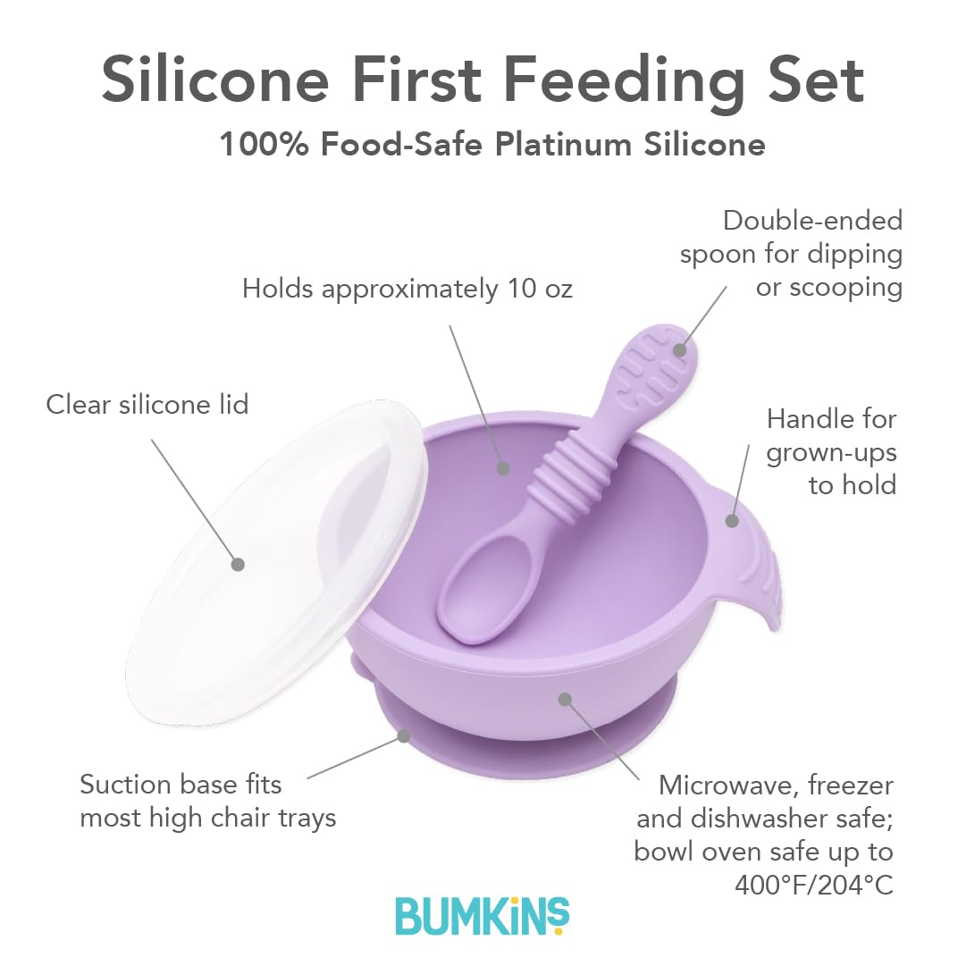 Bumkins Baby Bowls, Disney Minnie Mouse Silicone Baby Feeding Set, Suction Bowls for Baby and Toddler with Spoon, First Feeding Set, Platinum Silicone Bowl for Babies 4 Months
