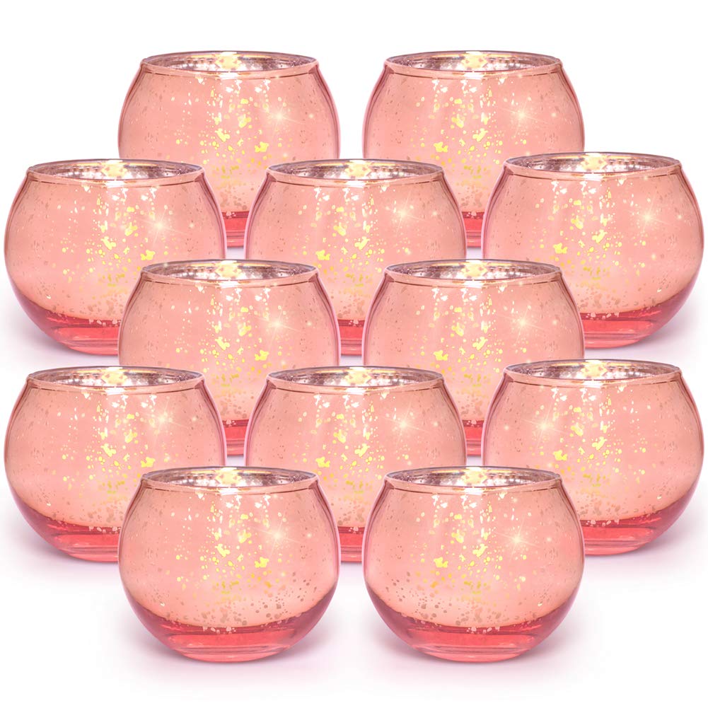 Volens Round Blue Votive Candle Holders Set of 12, Blue Wedding Centerpiece Table Decorations, Mercury Glass Tealight Candle Holder for Bridal Shower, Baby Shower & Home Decor