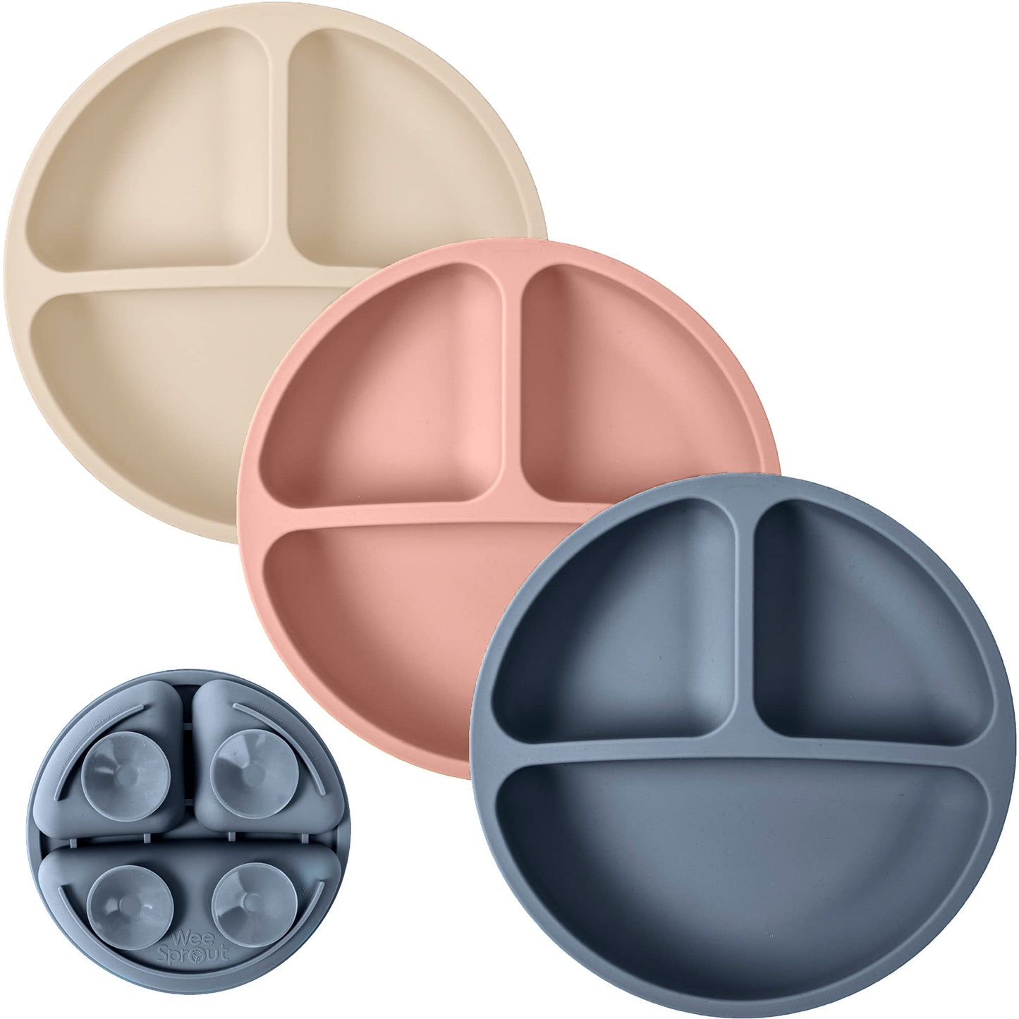 WeeSprout Suction Plates with Lids for Babies & Toddlers - 100% Silicone, Dinnerware Stays Put, Divided Design for Picky Eaters, Microwave & Dishwasher Friendly, 3 Pack