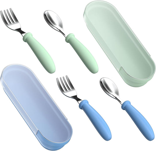Toddler Utensils, Toddler Forks and Spoons, Baby Utensils Set with Storage Box for Self Feeding Safe, Dishwasher Safe (2 Set with Case)