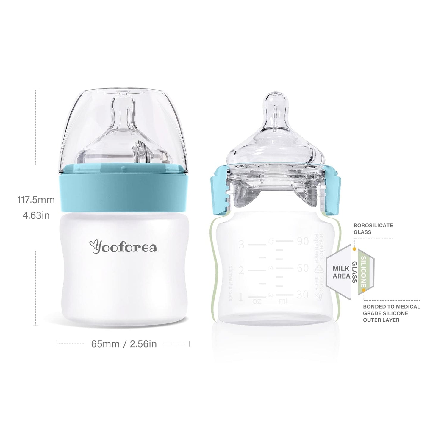 Yooforea Silicone Coated Glass Baby Bottle, 0M+ Slow Flow Nipple I Anti-Colic, Wide Neck, Stable Base I Medical-Grade Silicone Coating for Shatter Protection, BPA BPS PVC Free (3 Ounce-Honey)
