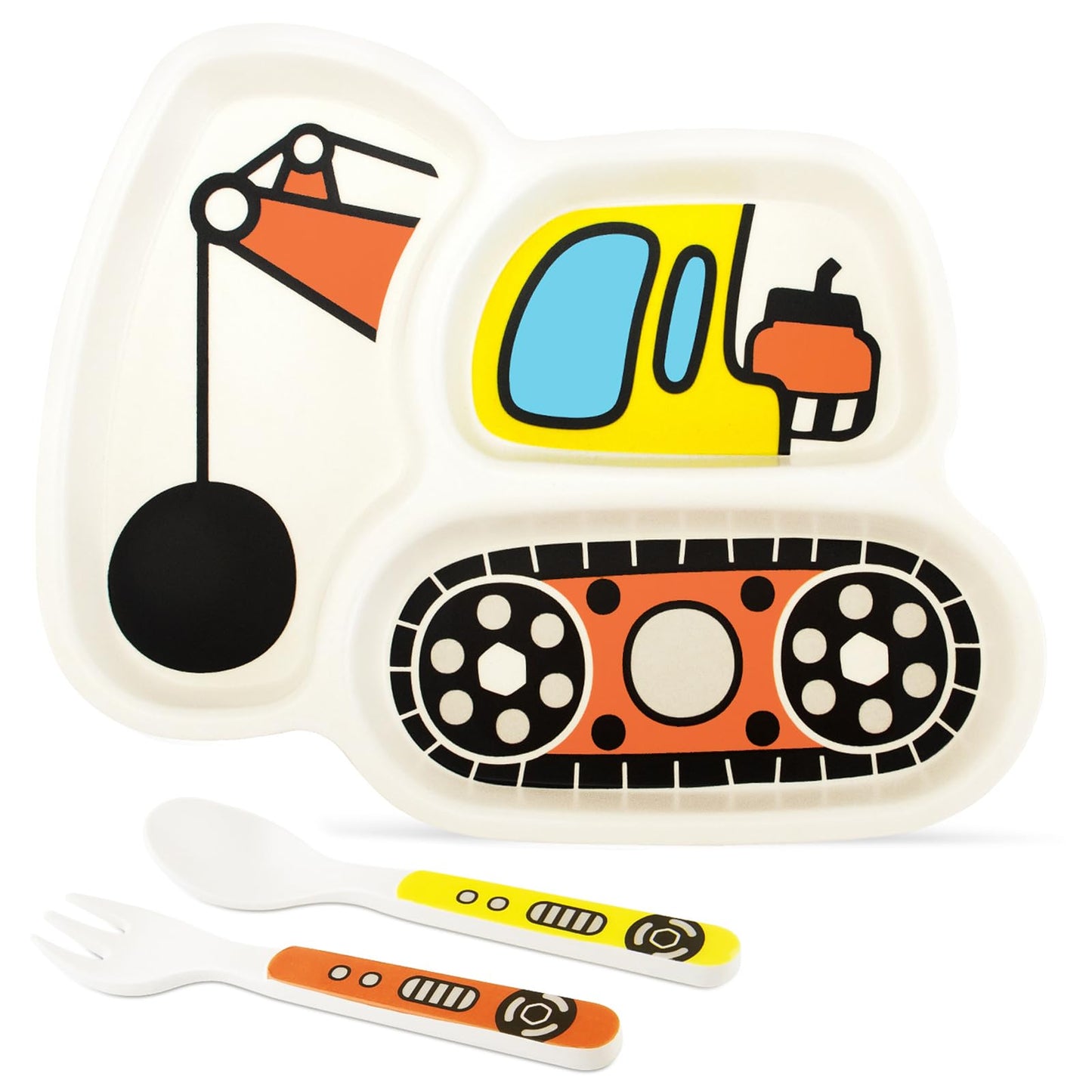 Kids Plate Set, Included Fork and Spoon 3-Piece Set - Toddler Dinnerware Dinner Dish Set - Baby Feeding Divided Plate - Child Portion Control Dish Tray (Excavators)