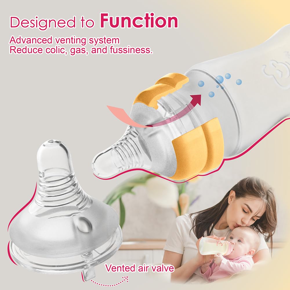 Nenesupply Natural Baby Bottles Newborn Feeding Bottles Slow Flow Breastfeeding Bottle for Breastfed Babies Wide Neck 9oz Anti Colic Level 2 Nipple for 1+ Month Infant Replace Spectra Bottle Pumping