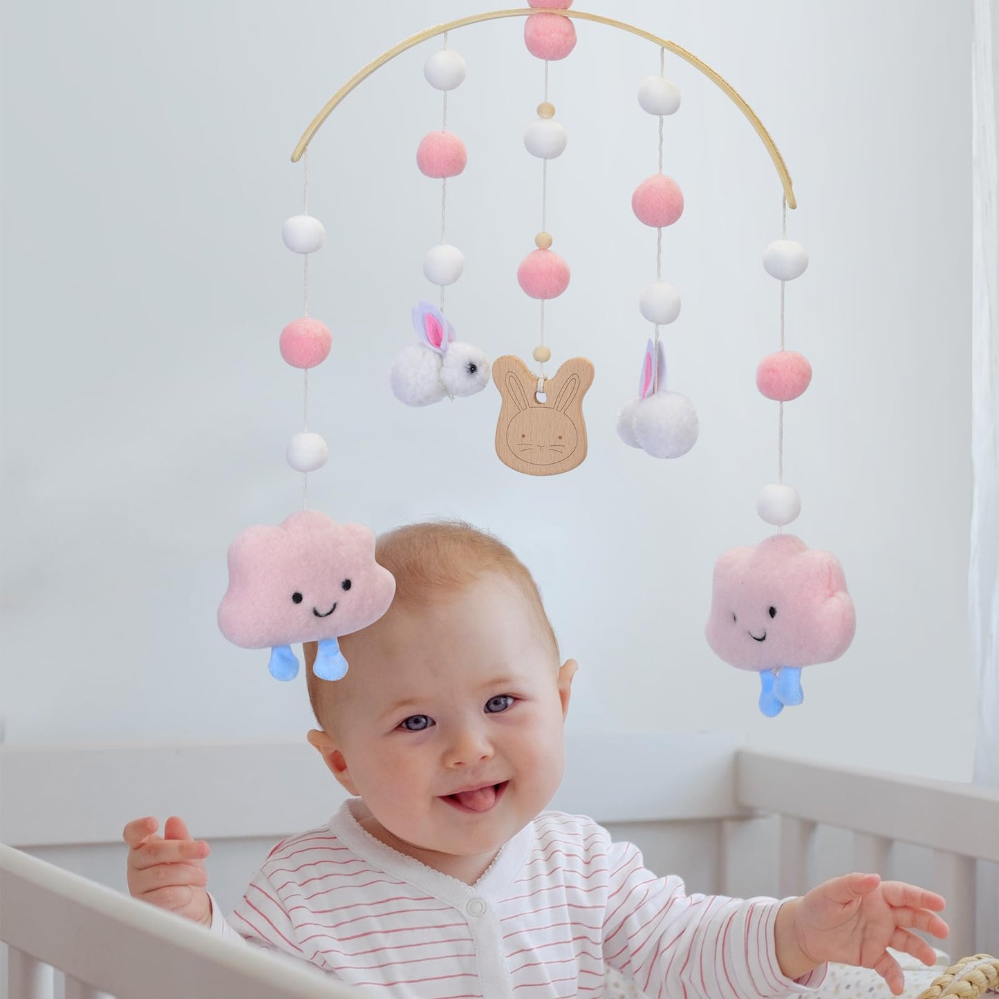 Baby Crib Mobile - Cloud Mobile for Crib, Felt Cloud Nursery, Baby Bassinet Mobile - Shower Set for Infant Bedroom Hanging Decoration (Pink)