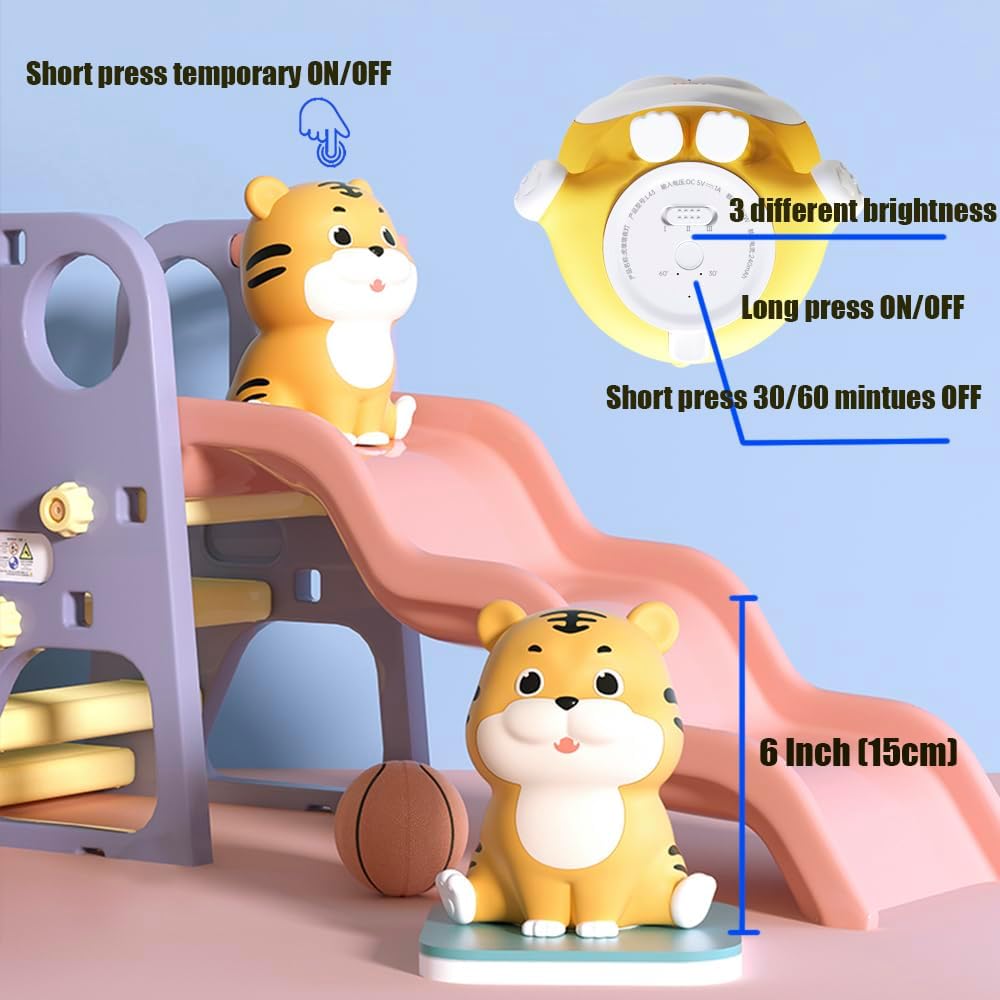LED Night Light, Cute Tiger Touch Control Soft Silicone Portable Bedroom Lamp, Brightness Adjustable, Non-Flickering Eye-Caring Warm Light, Type-C USB Rechargeable, Timing Function